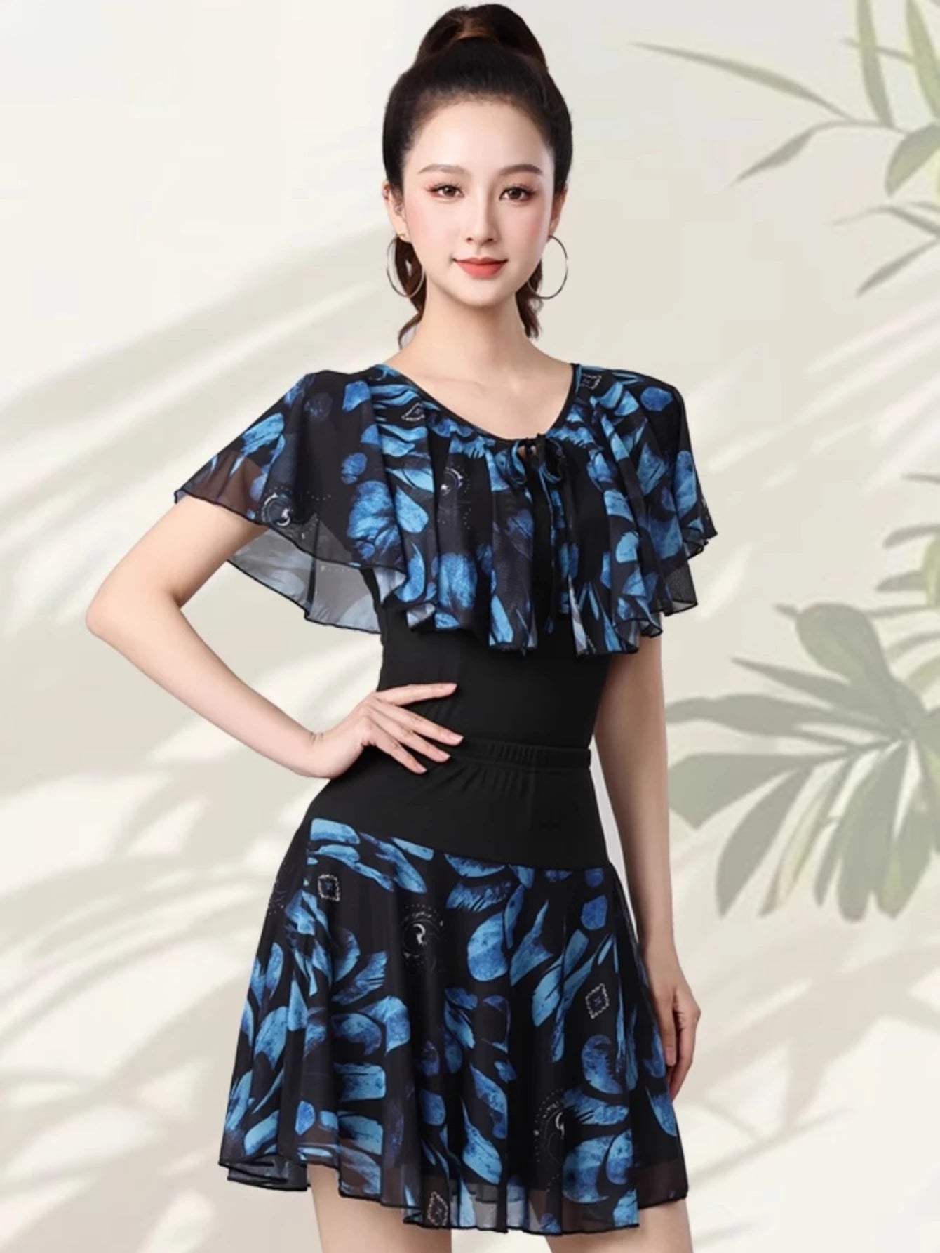 Women Samba Latin Dance Practice Suit Summer New Net Yarn Printed Modern Dance Performance Costume Square Modern Evening Dresses