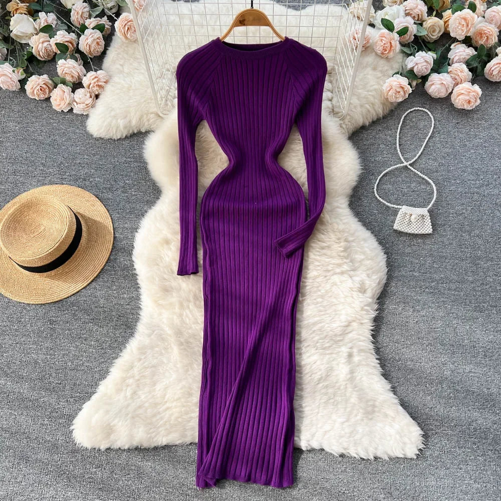 Women Knitted Dress O Neck Sexy Slim Elastic Oversized Basic Bodycon Long Dress Winter knit Warm Sweater Dresses