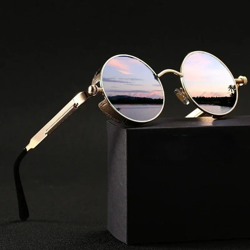 Classic Steampunk Sunglasses for Men and Women Retro Round Metal Frame Sunglasses