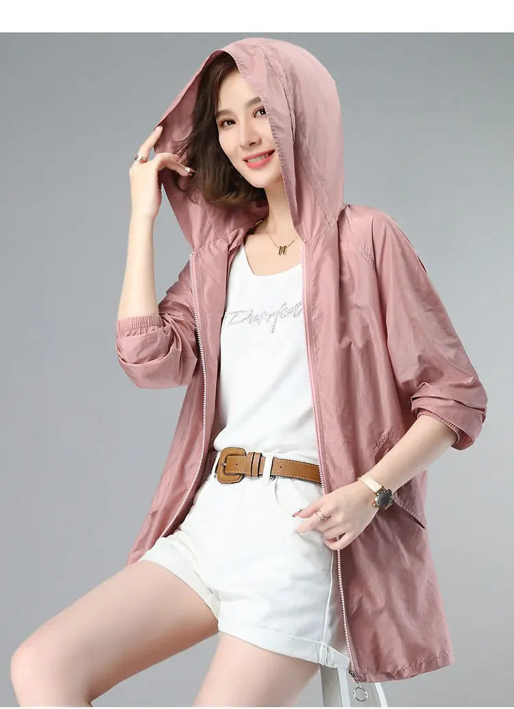 Women Thin Jacket New Sun UV-proof Hooded Coat Outdoor Long Sleeve Female 2023 Summer Windbreaker Casual Outerwear Top