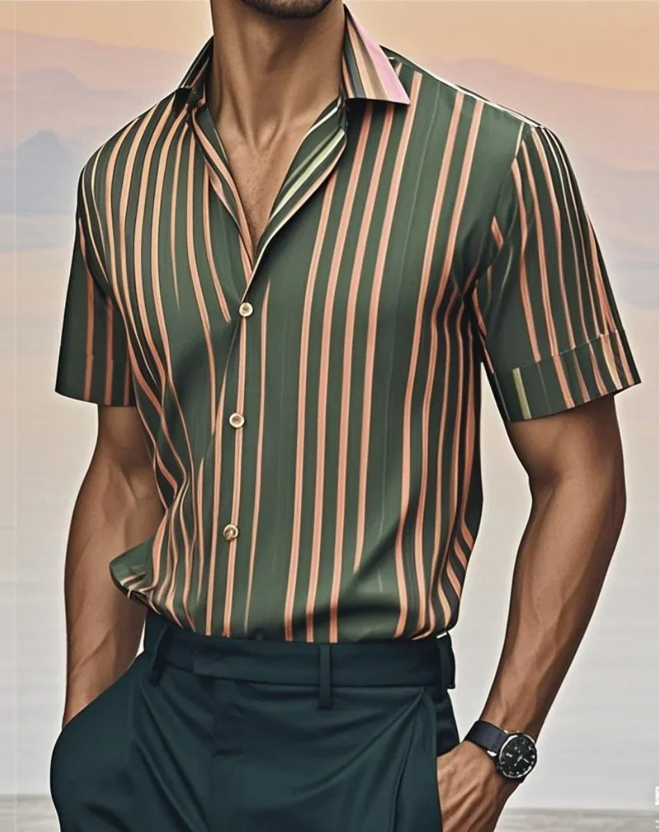 Men's fashion striped shirt, elegant casual comfortable breathable, short sleeves, lapel buttons, soft and comfortable material