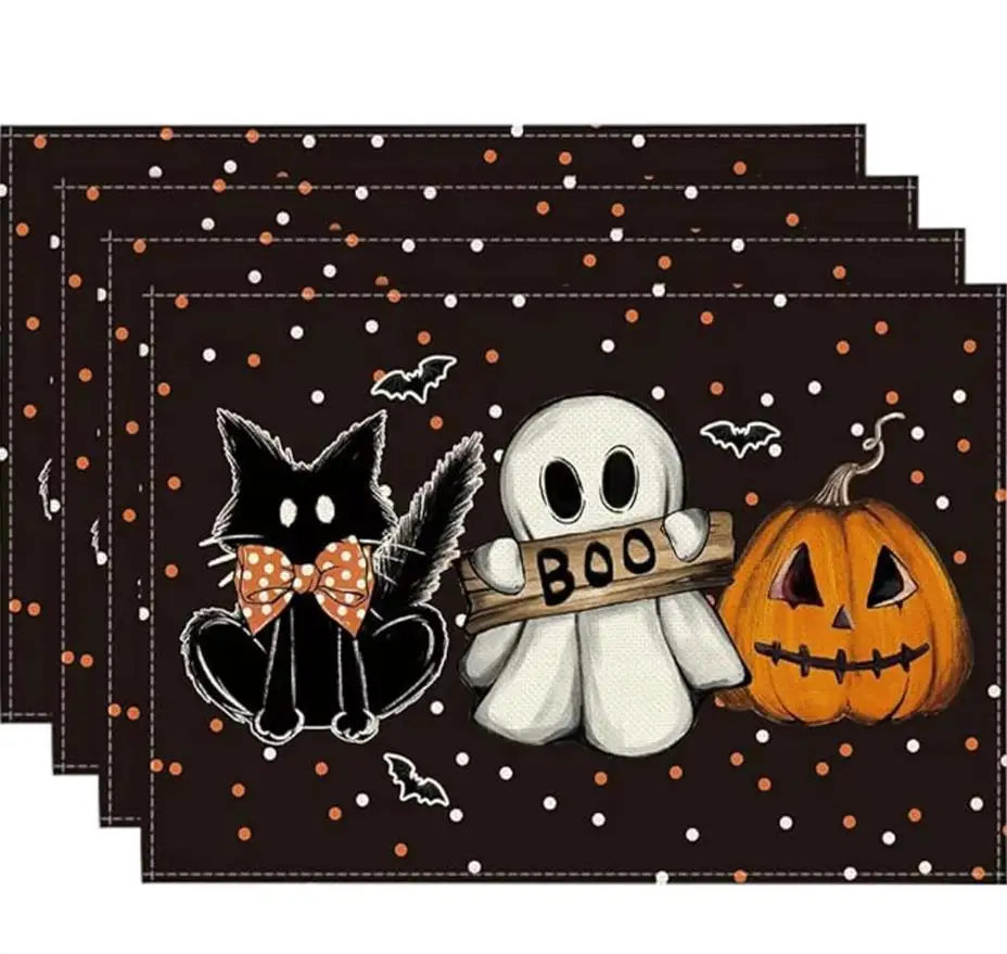 Halloween Polka Dot Ghost Pumpkin Cat Polyester Table Runners Party Decor Reusable Dining Table Runners Halloween Decoration