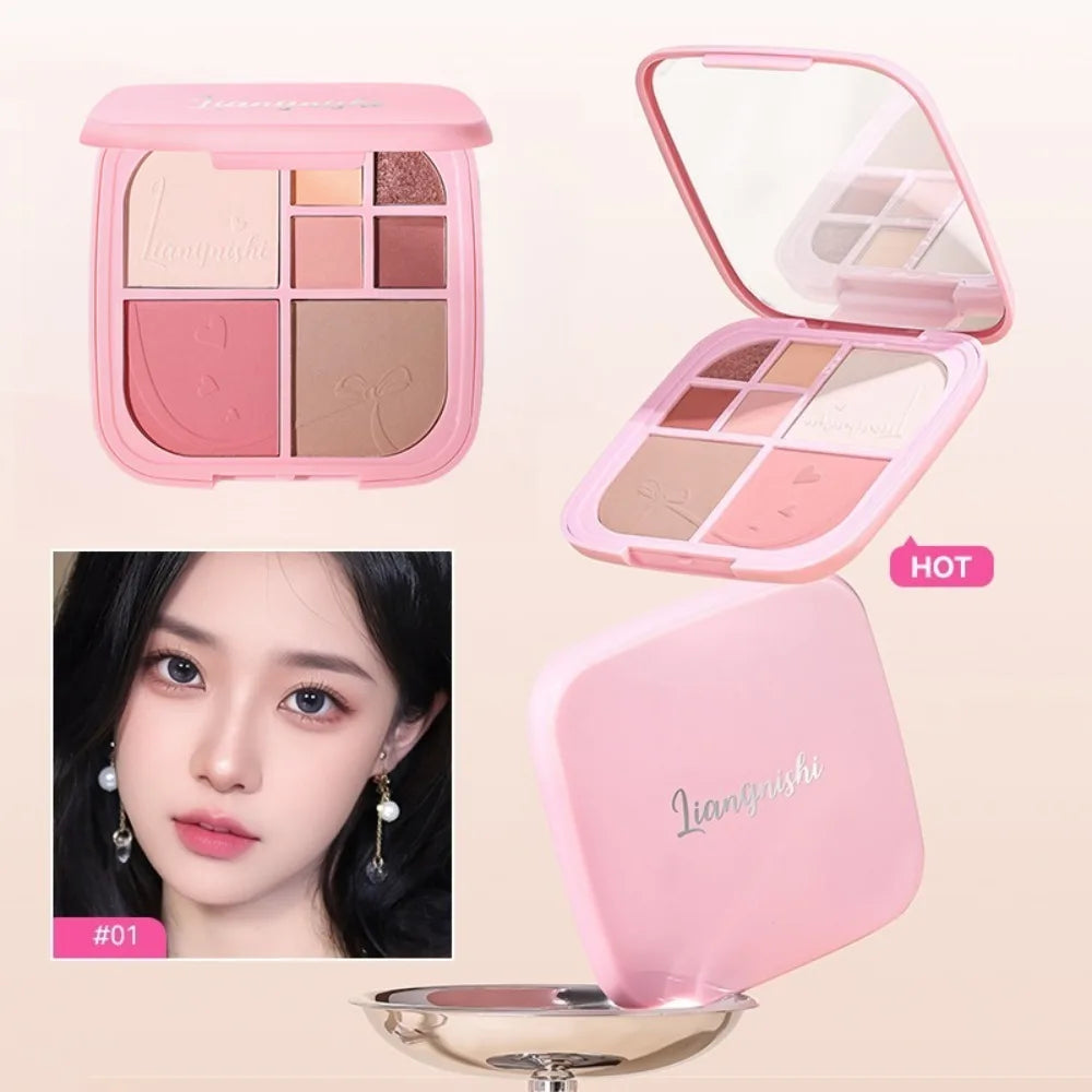 Beauty Brighten Eye Shadow Cosmetics Blush Shading Powder Highlighting Powder Disc with Mirror Art 7 Color Face Palette Party