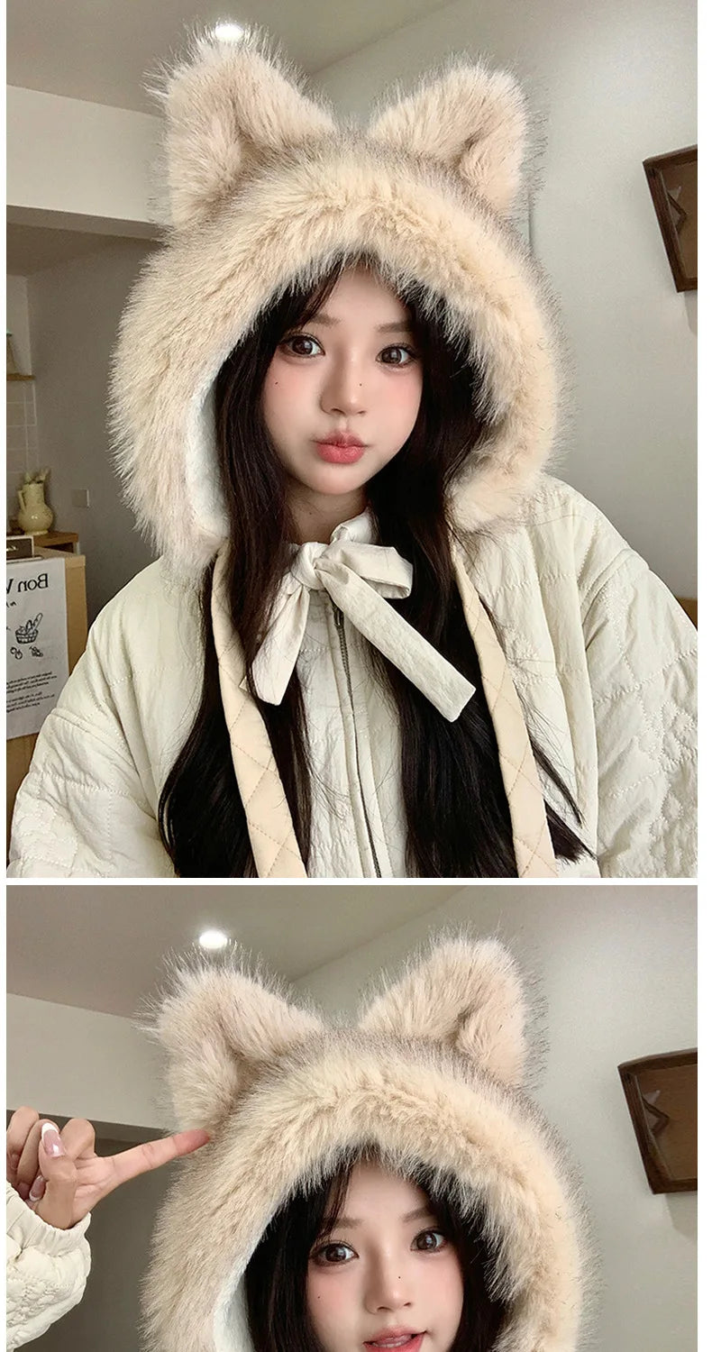 Winter Hat Thicken Ski Beanie Hat for Women Balaclava Spicy Girl Style Cat Girlfriend Hat Outdoor  Warm Protection Accessories