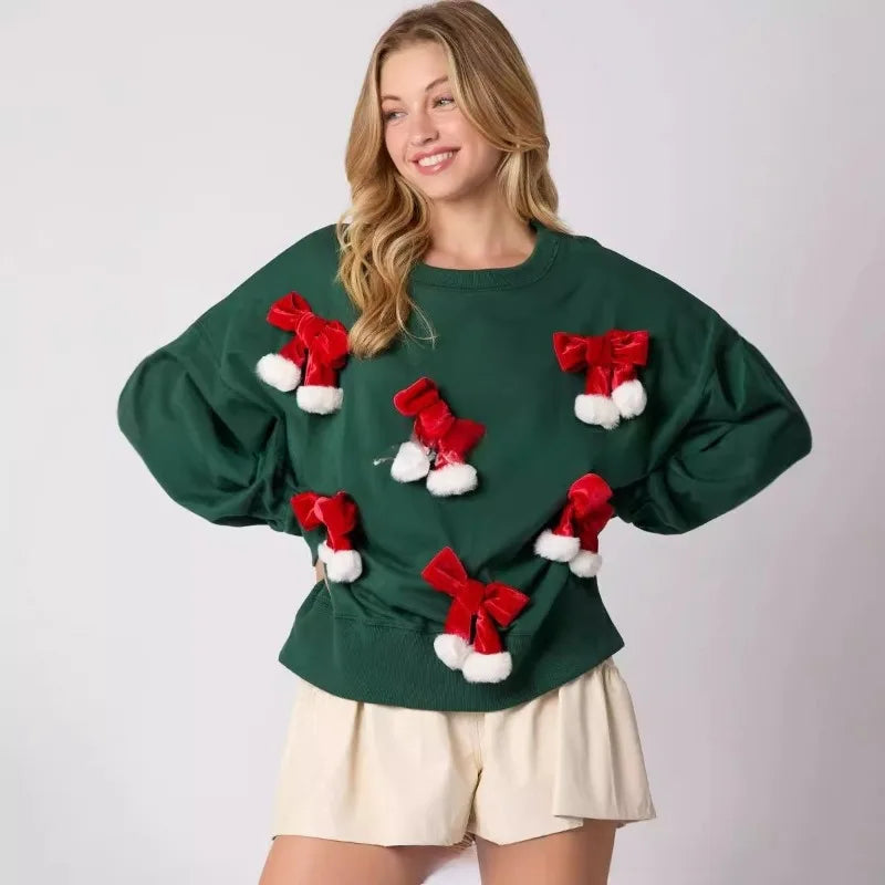 Winter Christmas Bow Decor Long Sleeve Casual Pullover Sweatshirt Women Fashion Tops Winter Clothes Women Sueter Mujer