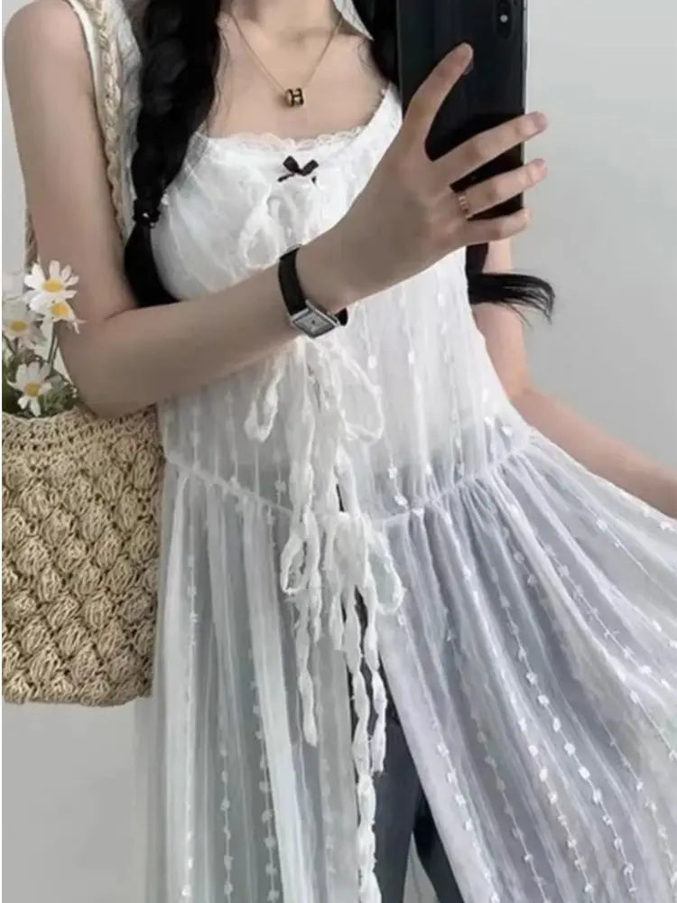 Embroidered Dress for Women in Summer Thin Lace up Layered Vest Long Cover Skirt
