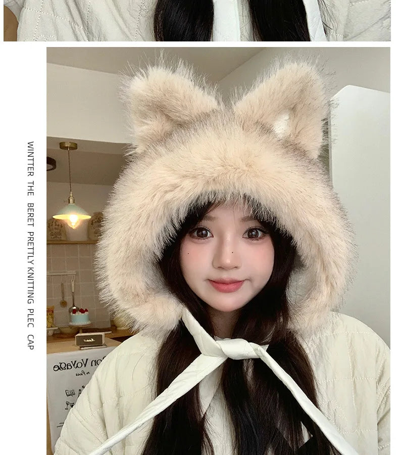 Winter Hat Thicken Ski Beanie Hat for Women Balaclava Spicy Girl Style Cat Girlfriend Hat Outdoor  Warm Protection Accessories