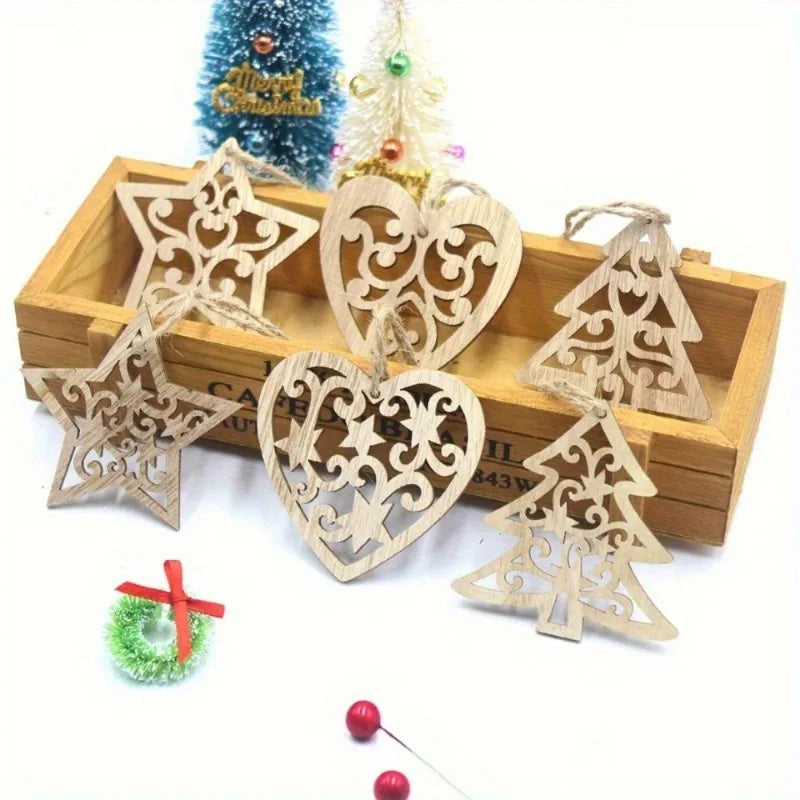 Festive Wooden Christmas Ornaments with Snowflake Star and Heart Designs for Home Tree Decor Holiday Party Supplies DIY Crafts
