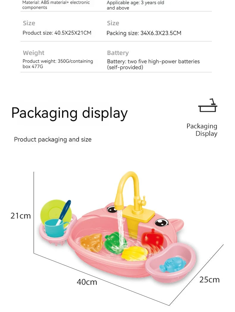 Kids Play Kitchen Set Simulated Dishwasher Sink Hand Basin with Electric Circulating Water Toys for Boys Girls Pretend Role Play