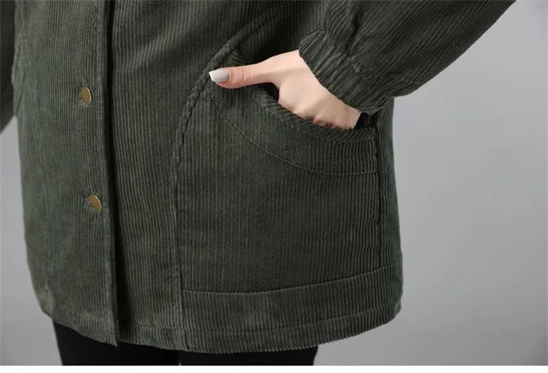 Women Corduroy Jackets 2025 New Autumn Winter Solid Loose Coat Female Casual Middle-Aged Plus Velvet Warm Hooded Ladies Overcoat