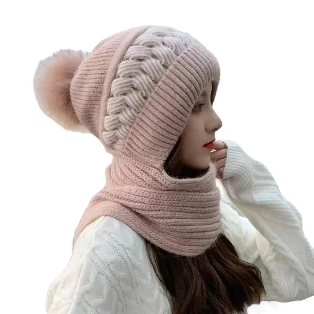 Winter Hat Scarf Set Women's Integrated Snow Cap with Fleece Lining Thickened Wool Knitted Beanie with Ear Protection Accessory
