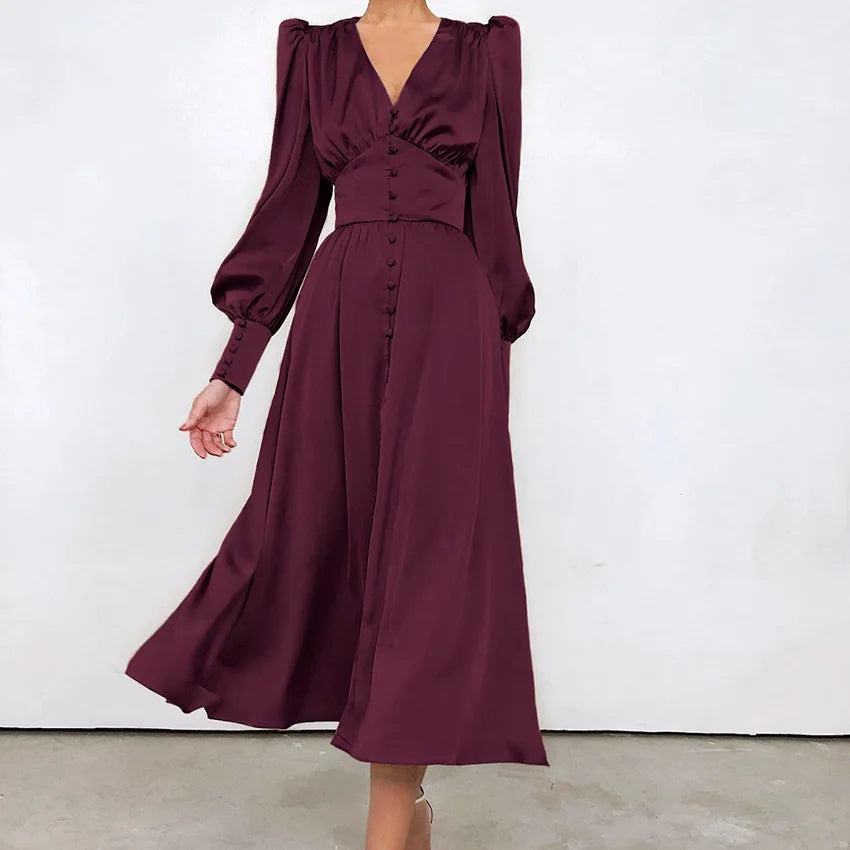 Autumn and Winter Women's Long Dress V-neck Satin Waist Retro Dresses for Women