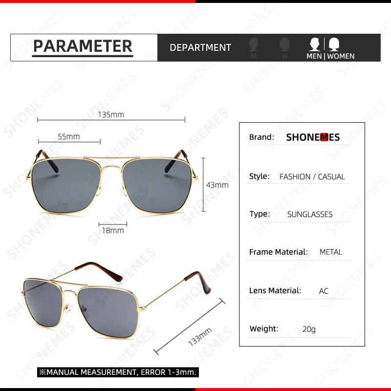 Shonemes Square Sunglasses Vintage Double Bridge Driving Shades Metal Frame Outdoor UV400 Sun Glasses for Men Women