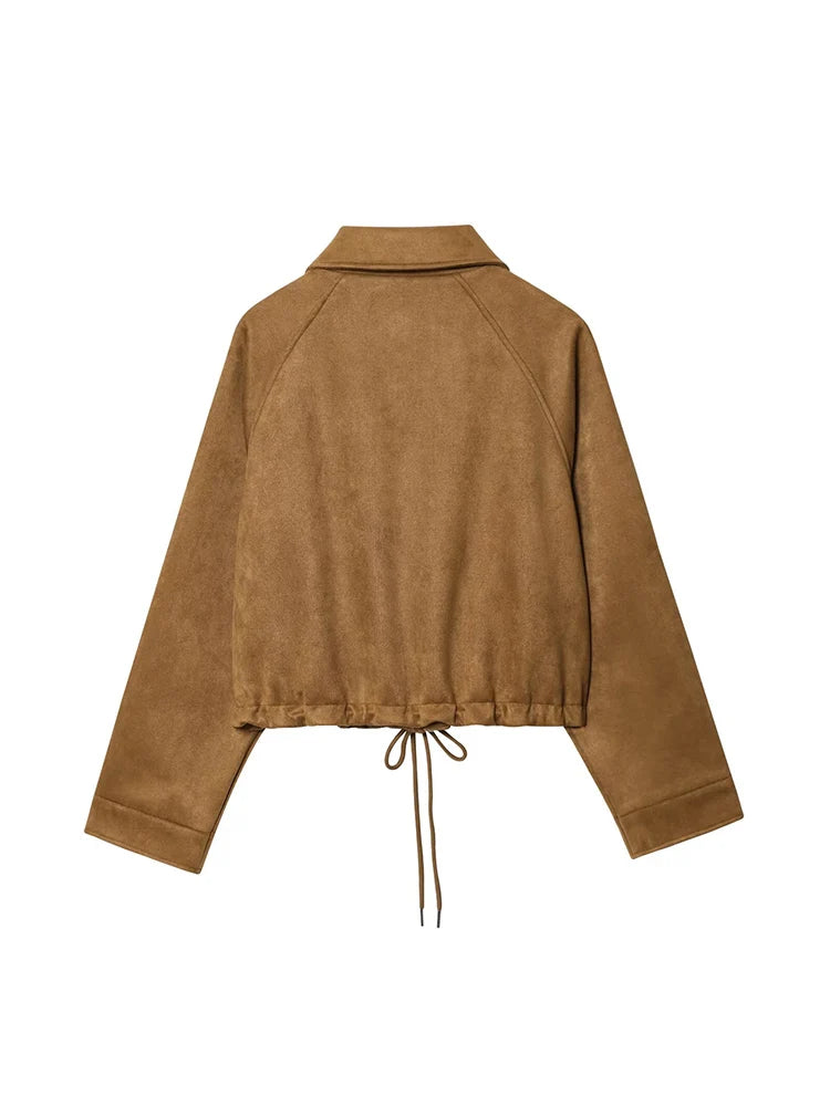 Women's Jacket New 2025 Long Sleeve Suede Drawstring Design Short Jacket Casual Fashion Personality Versatile Lapel Coat