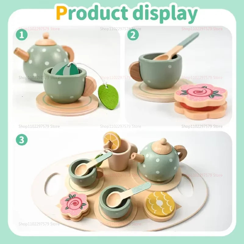 Kids Wooden Afternoon Tea Set Toys Kitchen Accessories Tea Party Food Play Early Educational Toys for Toddlers Girls Boys Gifts