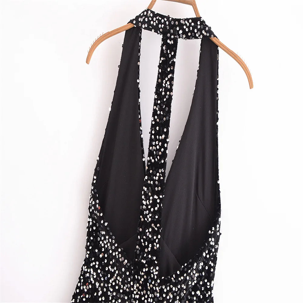 Autumn Winter Women  Sleeveless Slim-fit Sexy Backless Sequin Hanging Neck Mini Dress New Fashion Party Dress for Women Vestido