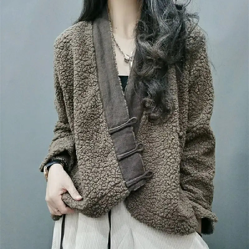 Vintage Jacket Winter New Loose Casual Diagonal Button Short Coat Women Jacket Outerwear Coats Casual Jackets Winter