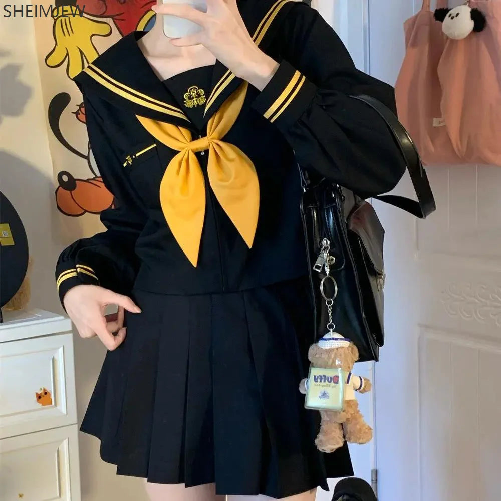 Japanese School Uniform Girls Plus Size Jk Suit Role Play High School Yellow Tie Black Basic Sailor Suit Female Long Sleeve Suit