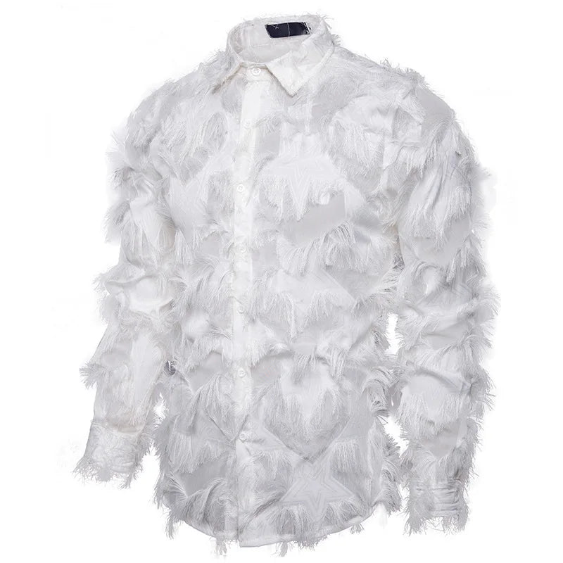 Shirts Men Party Feather Shirt Turn Down Collar Full Sleeve Single Breasted Splice Regular Solid Prom Tops Spring Summer
