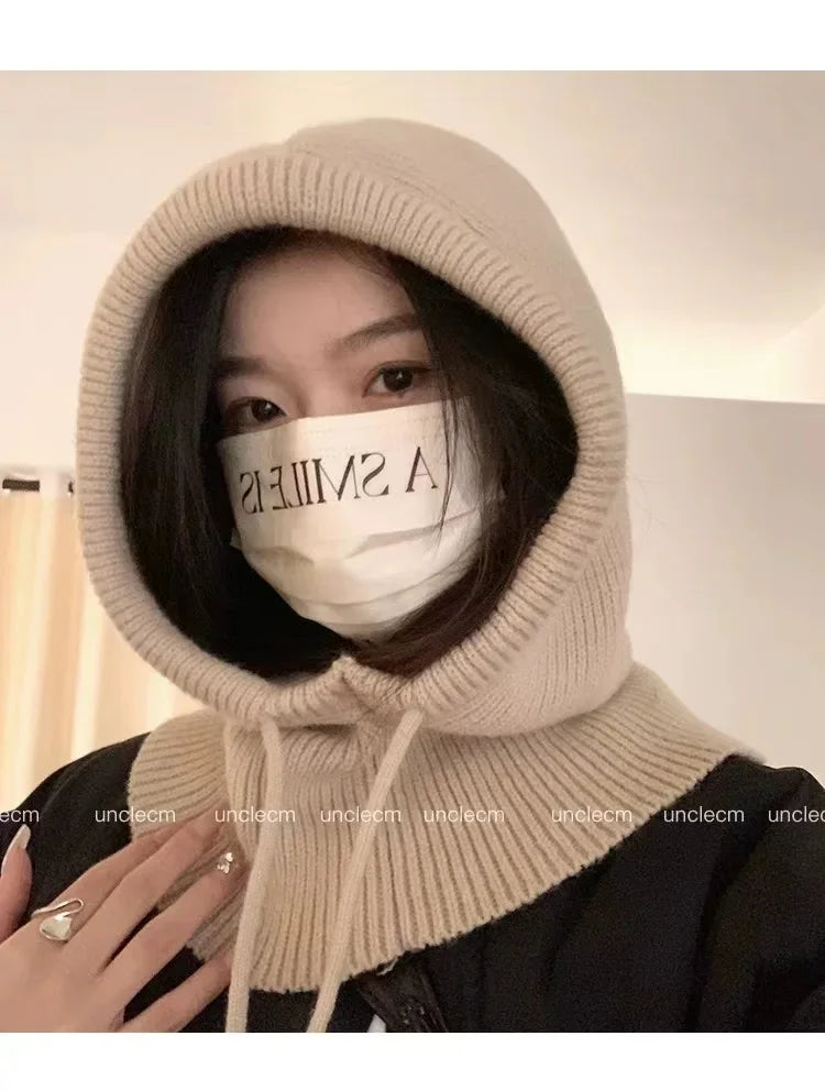 Winter Balaclava Hats For Men&Women Unisex Knitted Hooded Caps Outdoor Warmer Drawstring Hats One-Piece Neck Collar Beanies Cap