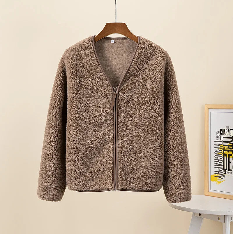 Women Lambswool Jackets 2025 Autumn Winter Thicken Warm Lady Long Sleeve V-neck Outrewear Solid Color Female Chic Zipper Coats