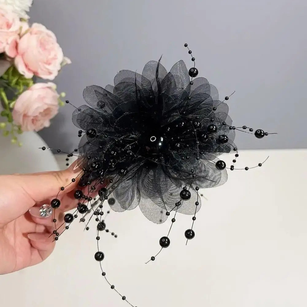 Women Fashion Hair Accessories Girls Flower Hair Claw Pleated Organza Pearls Black Feather Grip Shark Hair Clip Female Headwear