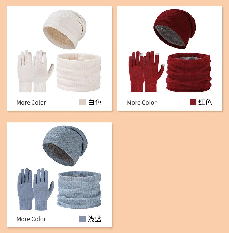 Winter hat, scarf, gloves, three piece set, men's and women's outdoor cold resistant scarf, ear protection, knitted hat
