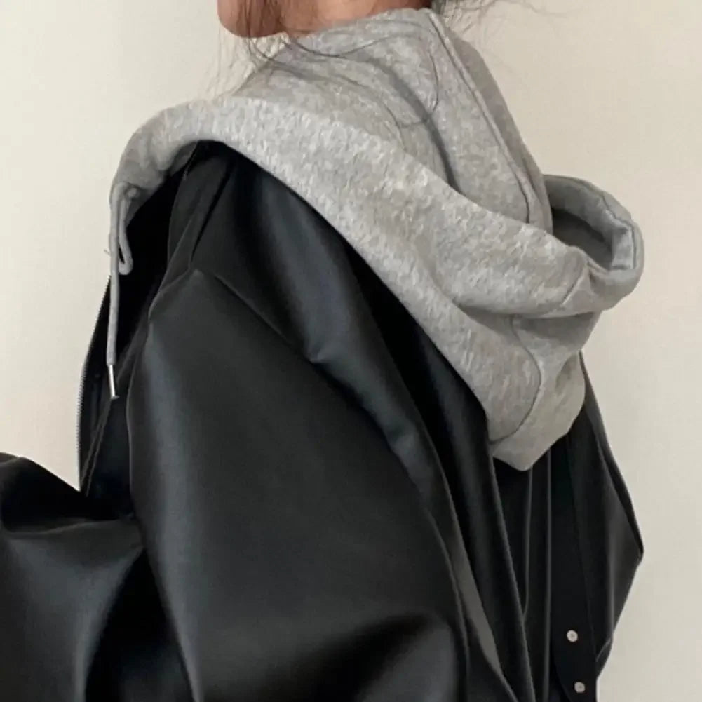 Spring Autumn Women Hooded Jacket Faux Leather Ladies Jacket Fashion Two Piece Short Jackets Female Vintage Casual PU Coat 2025