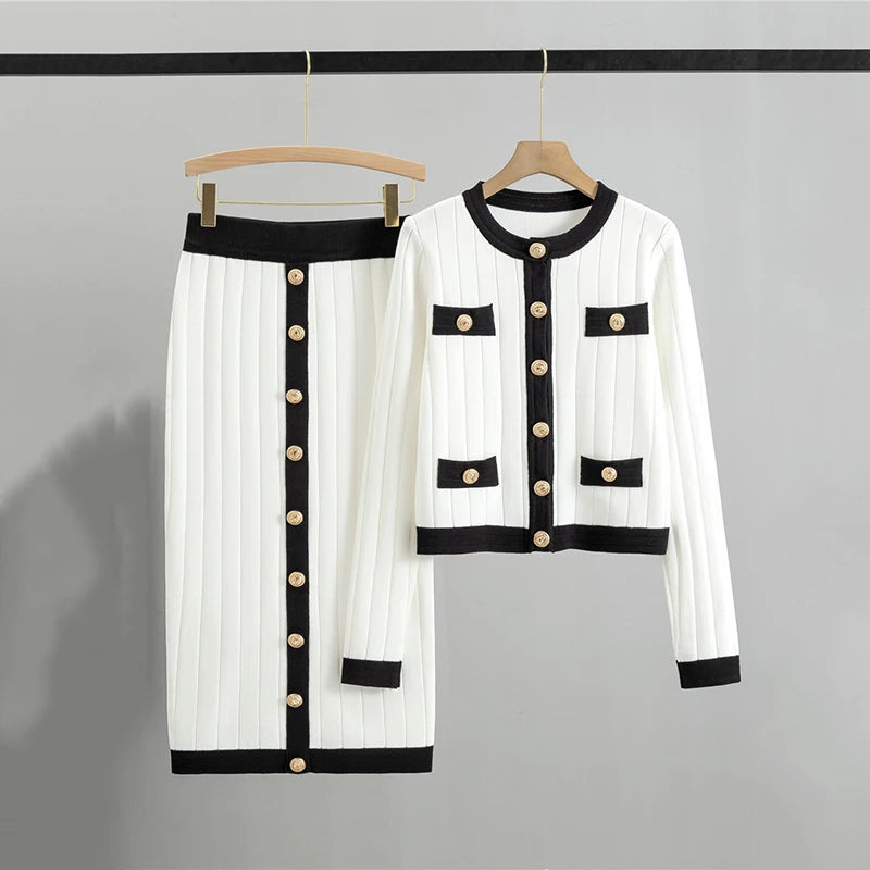 Autumn Winter Fashion Women's Suits Skirt Elegant Slim Single Breasted Knitwears Tops High Waist Long Splicing Dresses Suit