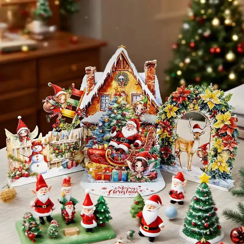 Christmas Scene 3D Christmas Card Night Before With Santa, Reindeer, Snowy Village & Moonlit Sky Festive Holiday Greeting Card F