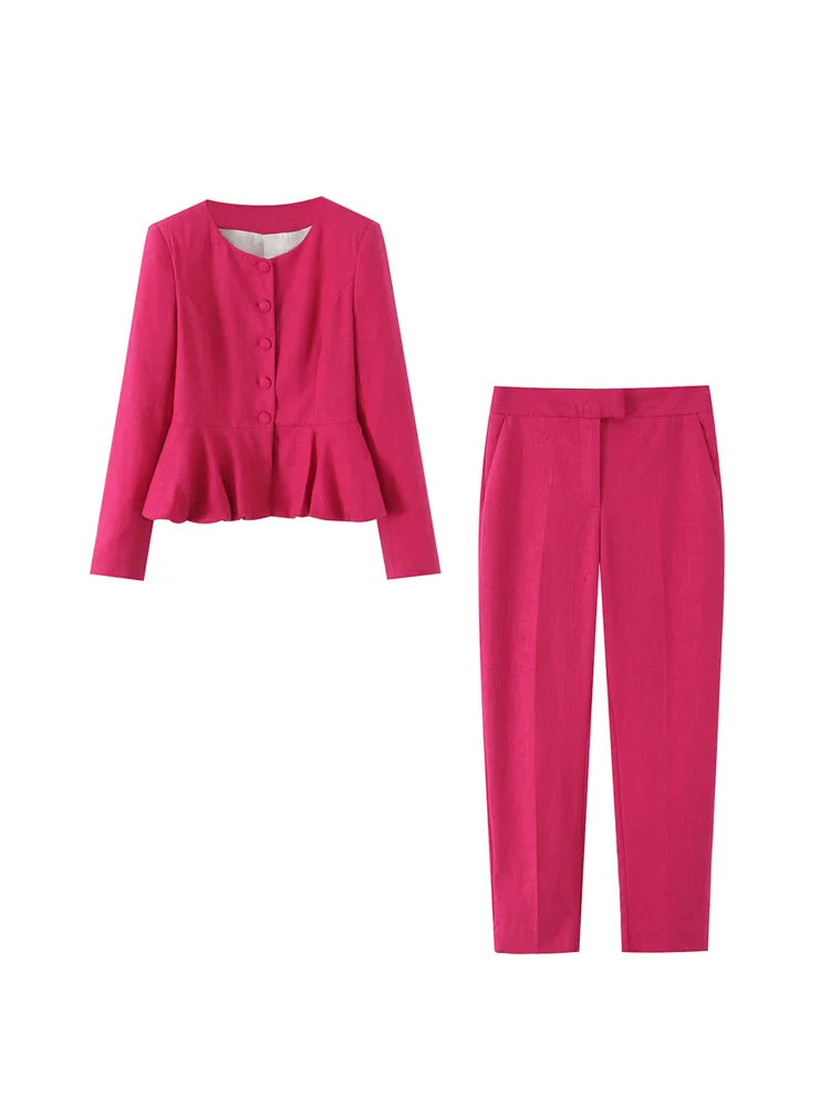 2025 Women's Autumn New Suit Jacket Round Neck Single Breasted Skirt Design High Waist Commuting Temperament Long Pants Set