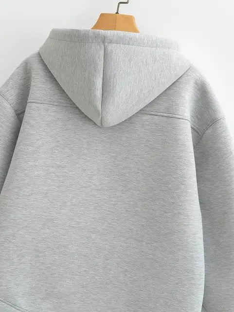 2025 Women Gray Jacket With Hood Long Sleeve Big Pocket Zipper Jacket Coat Woman Loose Casual Outerwear Coat Tops