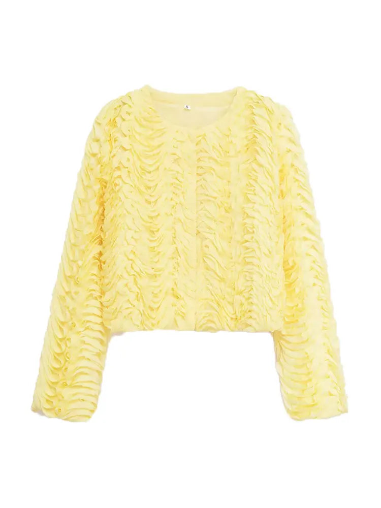 Women's Textured Jacket Coat O-Neck Long Sleeve Chic Outerwear Fashionable Female Tops