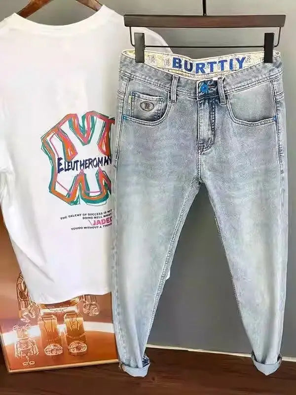 Light Blue Embroidered Jeans Men's Summer Slim Fit Nine-Piece Waed Casual Pants Breathable Straight Leg Jeans Youth Trend