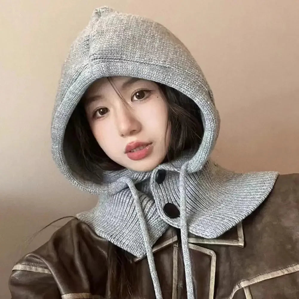 Winter Balaclava Hats for Women Unisex Knitted Hooded Caps Outdoor Warmer Drawstring Hat One-Piece Neck Collar Beanies Caps