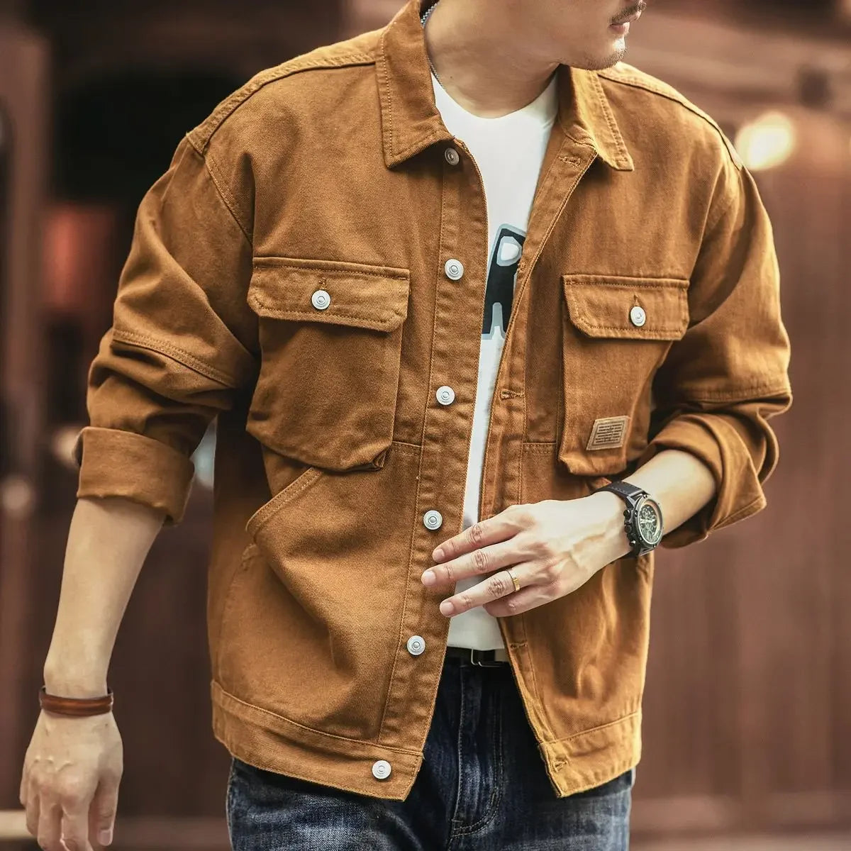 High end work jacket, men's spring and autumn trendy brand, loose American retro lapel jacket, casual and handsome denim jacket