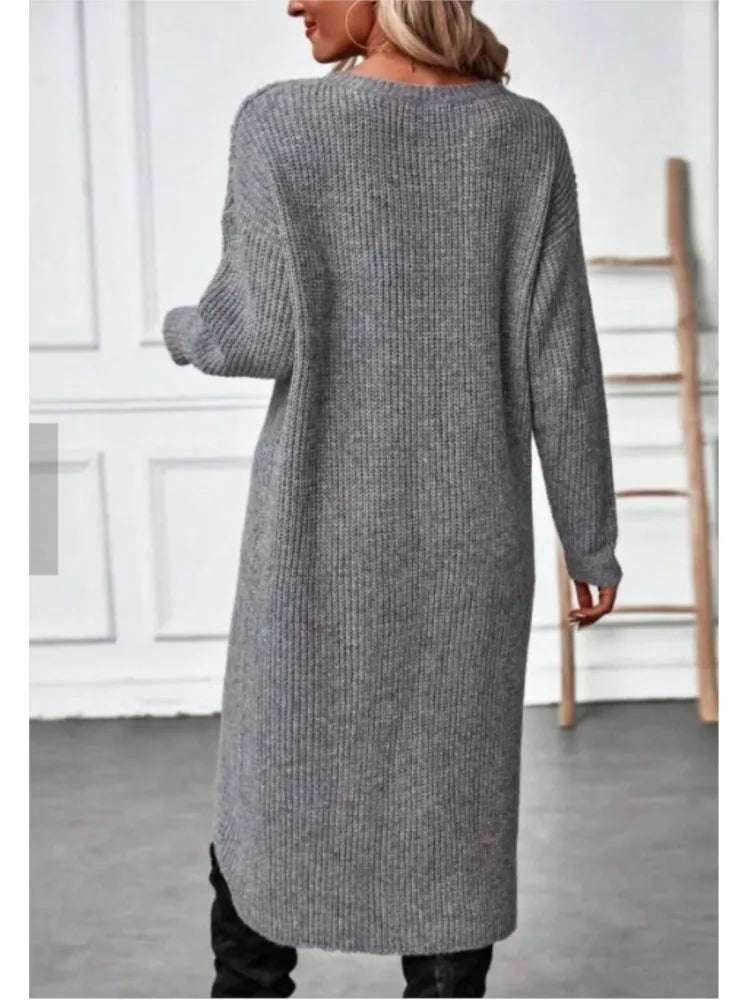 Womens Long Knitted Sweater Dress 2025 Autumn Winter Warm Fur Jumpers Casual Solid Loose Knit Midi Dress Lady Work Pullovers