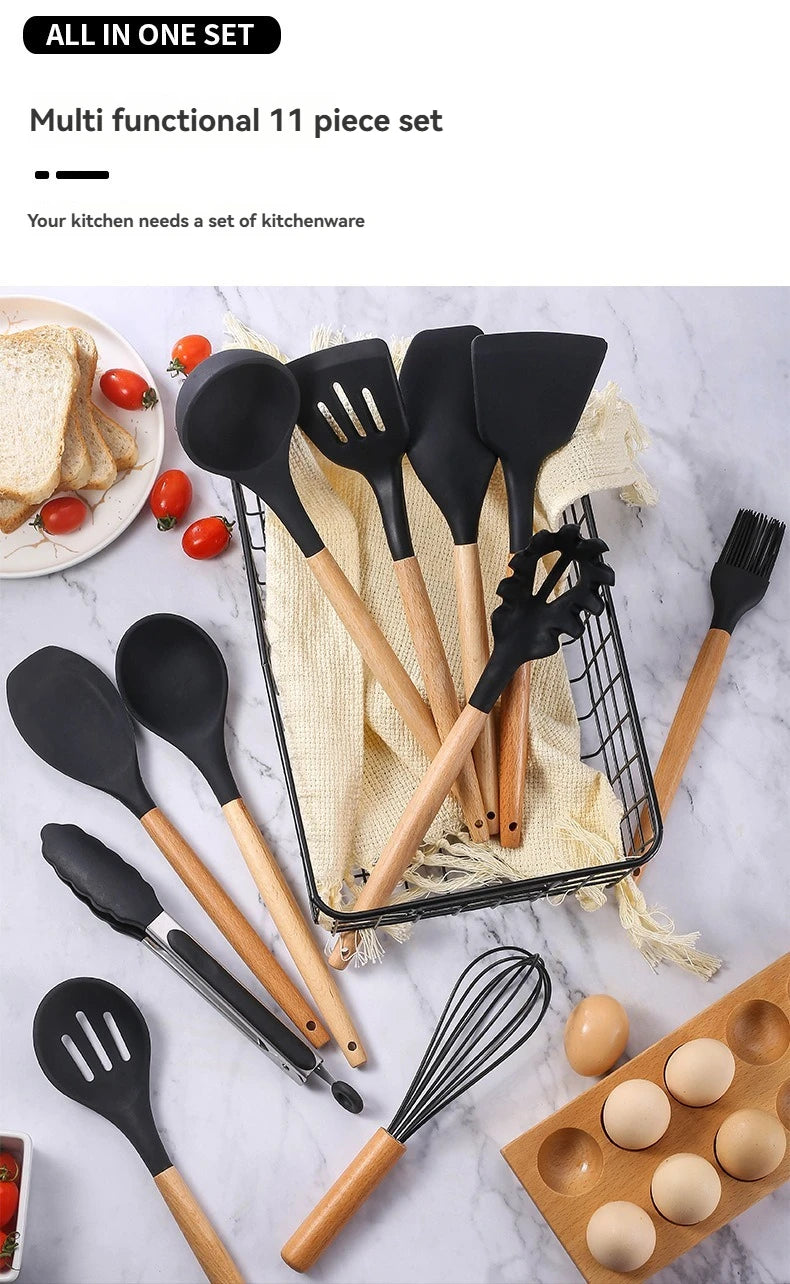 Kitchen utensil set with wooden handles, non-stick pans, food-grade cooking silicone storage set, baking and frying kitchen set