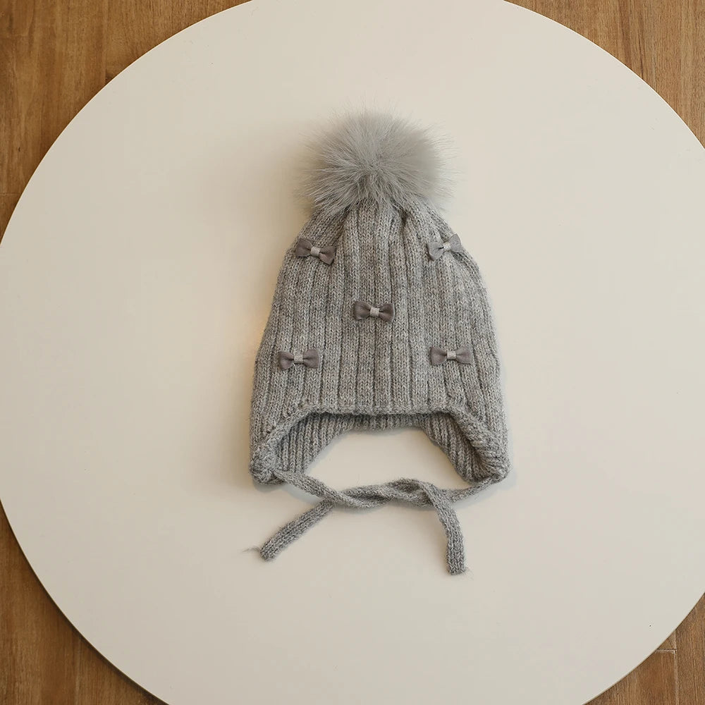 Winter Baby Girls Hat Double-Layer Cute Bows Knitted Hats Ear Protection Warm Beanie Big Pompom Kids Accessories 2-6 Years Old