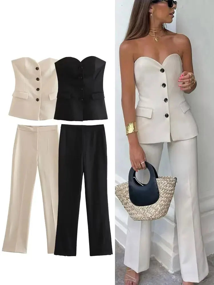 HH Women Elegant Solid Pant Suit Front Button Strapless Sexy Tank Tops + Side Slit Trouser Female Fashion Streetwear Sets