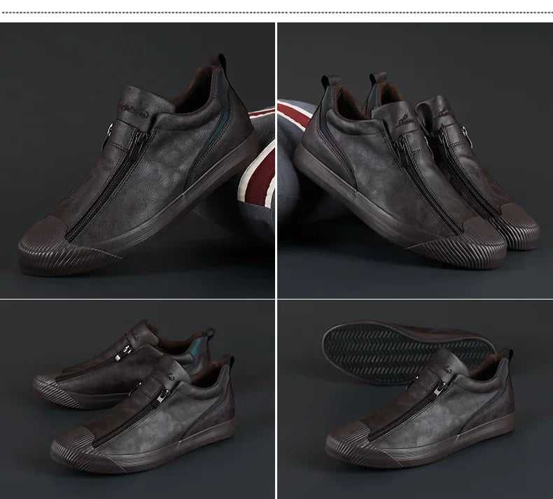 2024 New Autumn Men's Trendy Sports Shoes Leather Soft Sole High Top Men's Shoes One Step Zipper Leather Shoes Size 38-44