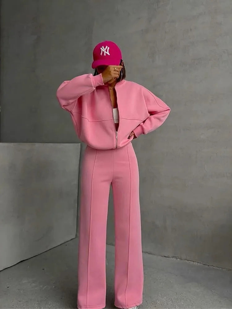 Women Sweatsuit Set Vintage O-neck Zipper Bomber Jackets High Waist Loose Pants Suit Female 2025 Spring Fashion Lady Sportswear
