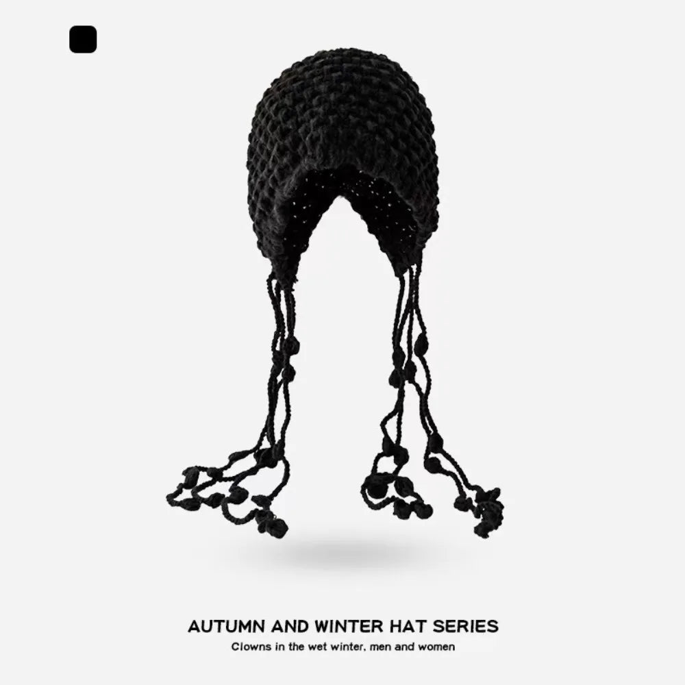 Winter Travel Red Hollow Knit Beanie with Tassel Tie Fashion Hat for Women Cold Weather Accessory