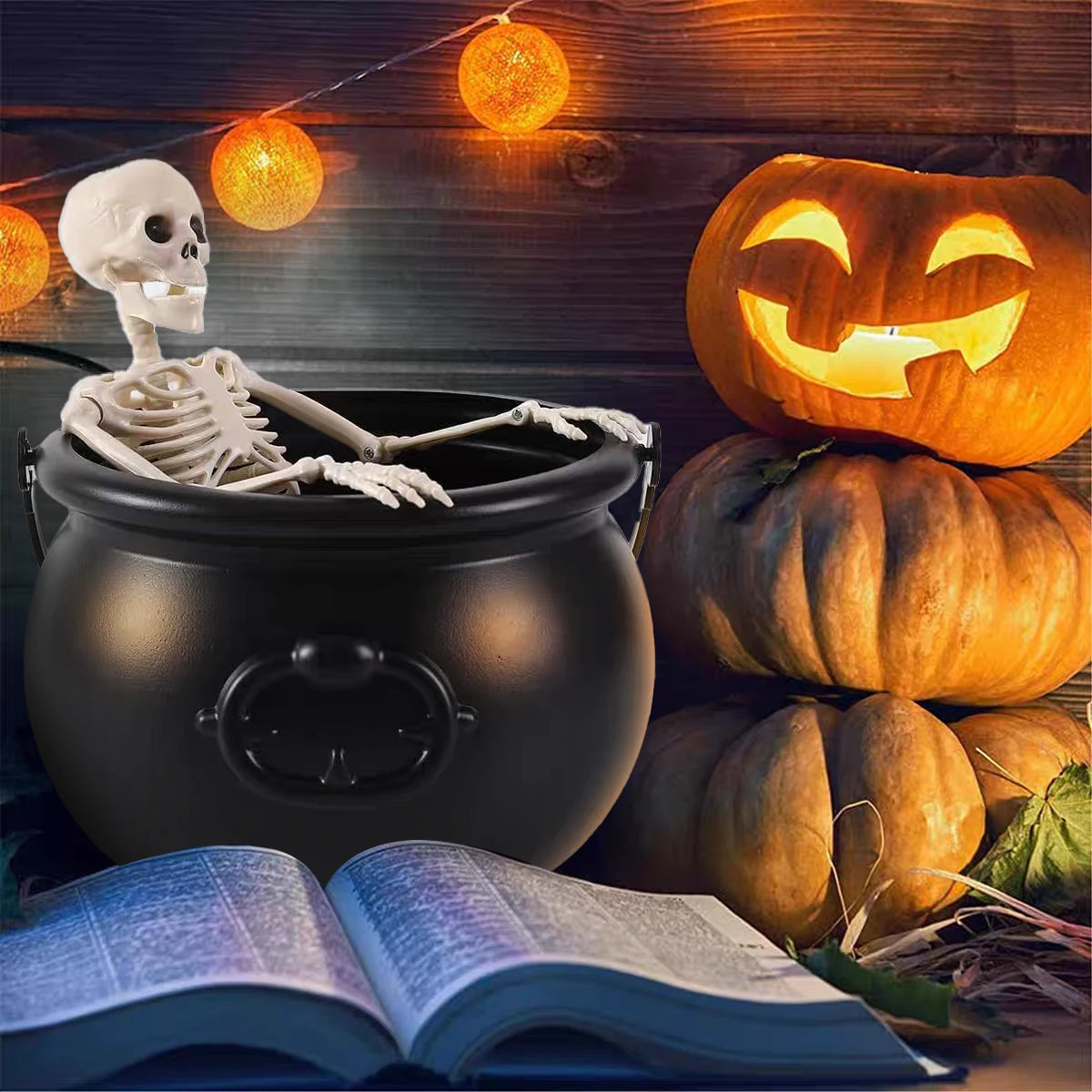 Halloween decorations - Witch's cauldron, Skull skeleton, Indoor family gathering decoration set, Candy bucket, Plant container