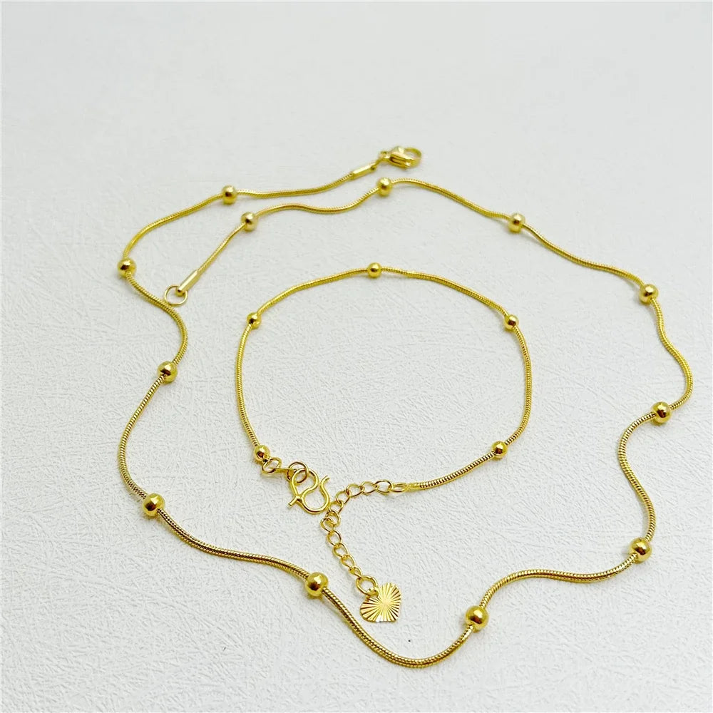 24K Gold Color Jewelry Sets For Women Link Chain Necklace Bracelet 2 pcs Wedding Jewellery Set Accessories Party Gifts Bijoux