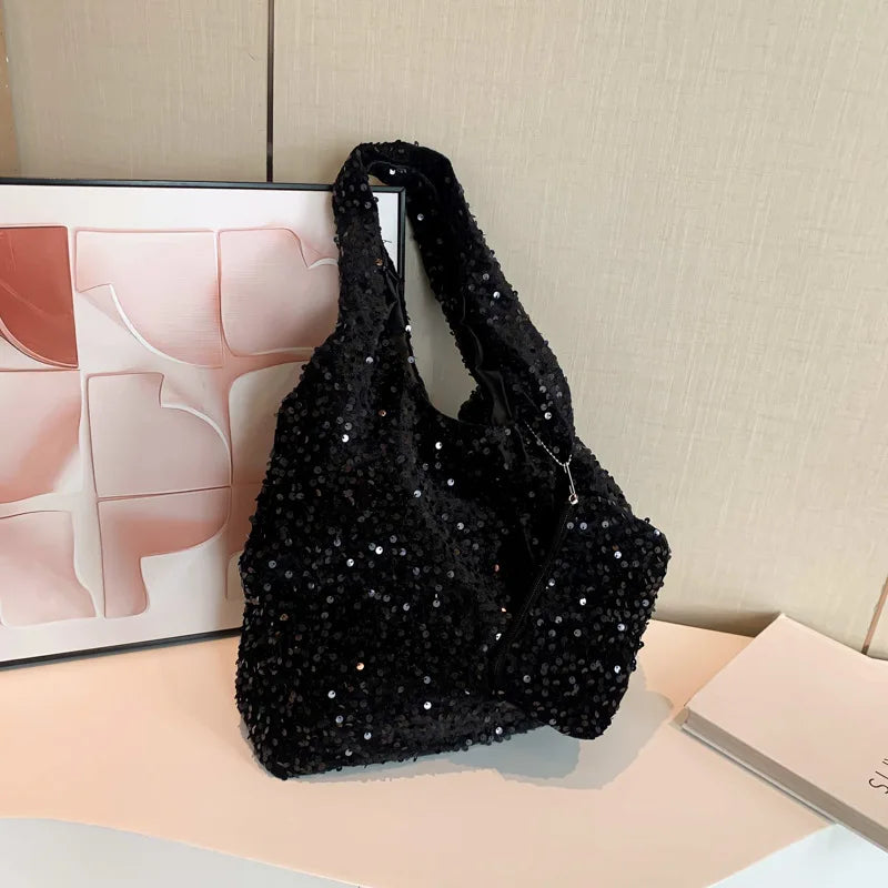 Large capacity commuting bag for women, new popular single shoulder underarm bag, versatile, high-end texture sequin flash tote