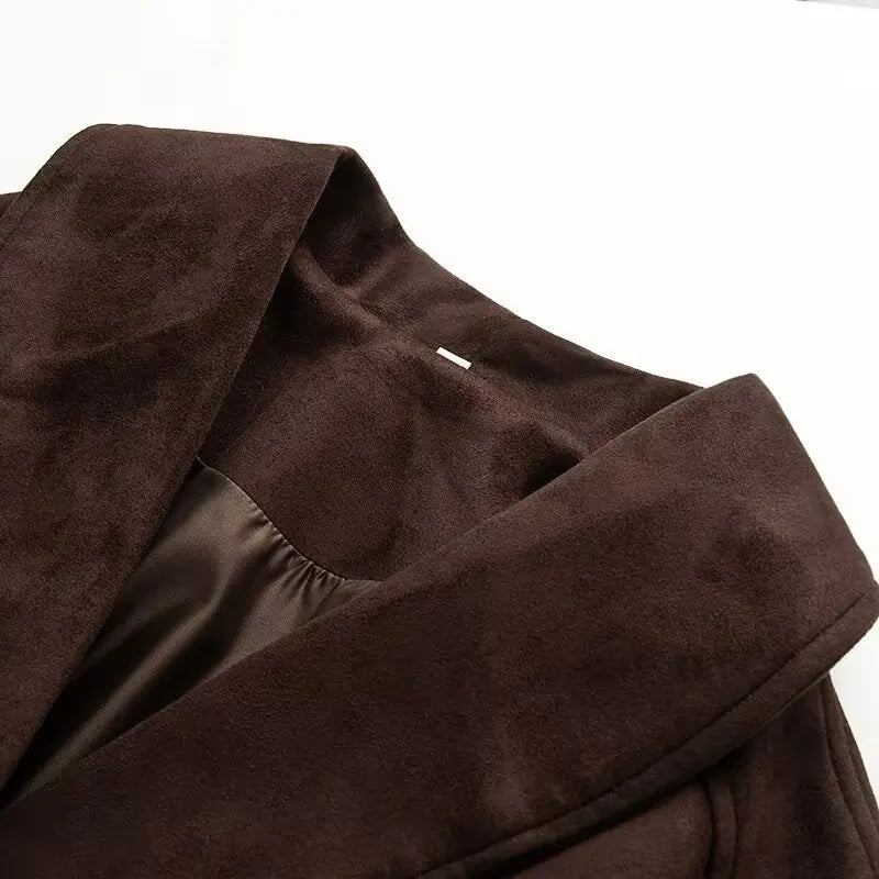 Women Fashion Faux Suede Jacket Coats Winter Long Sleeve Front Patch Pockets With Belt Jackets Female Vintage Outerwear Chic Top