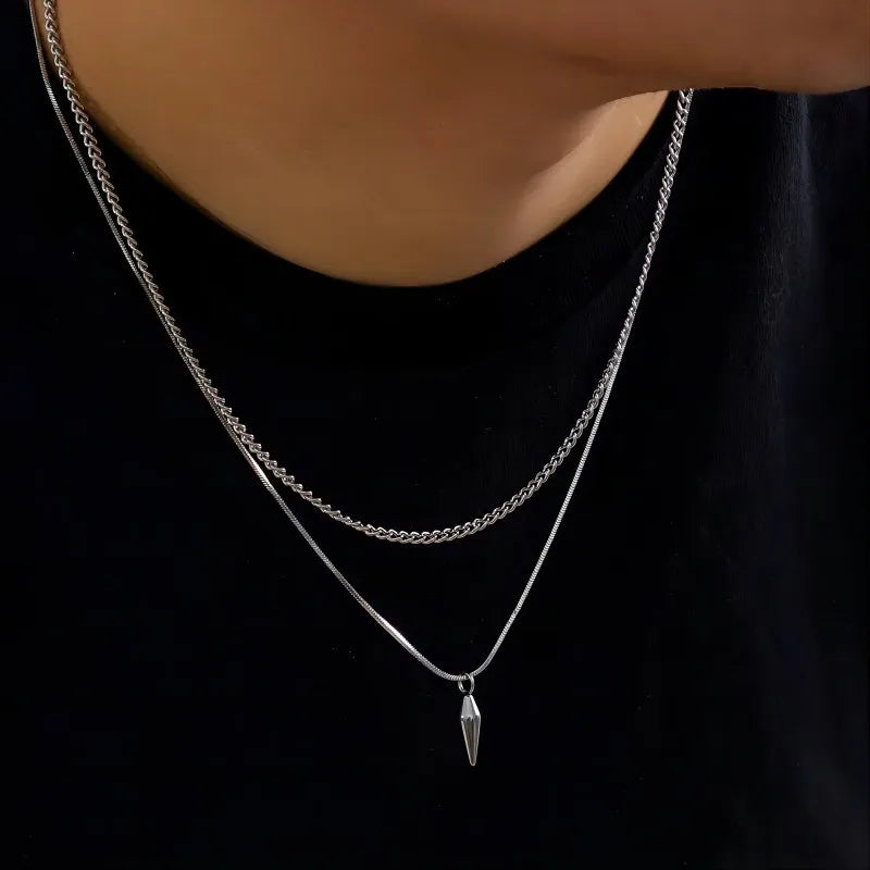 Hip-hop Fashion Double Layer Fold Wear Rivets Pendant Necklace Stainless Steel Clavicle Chain for Men Jewelry Accessories Gifts