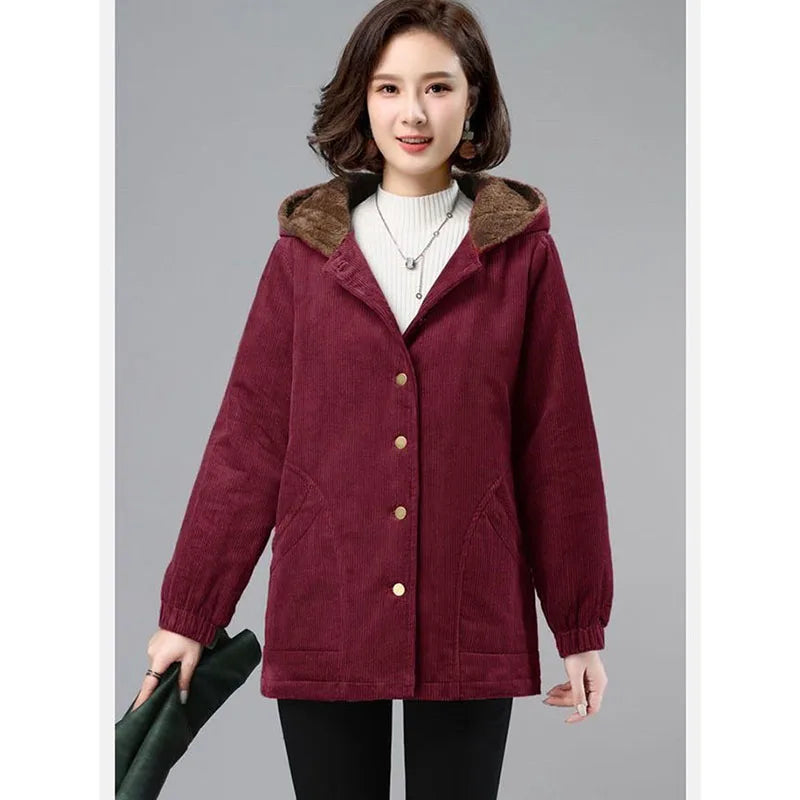 Women Corduroy Jackets 2025 New Autumn Winter Solid Loose Coat Female Casual Middle-Aged Plus Velvet Warm Hooded Ladies Overcoat