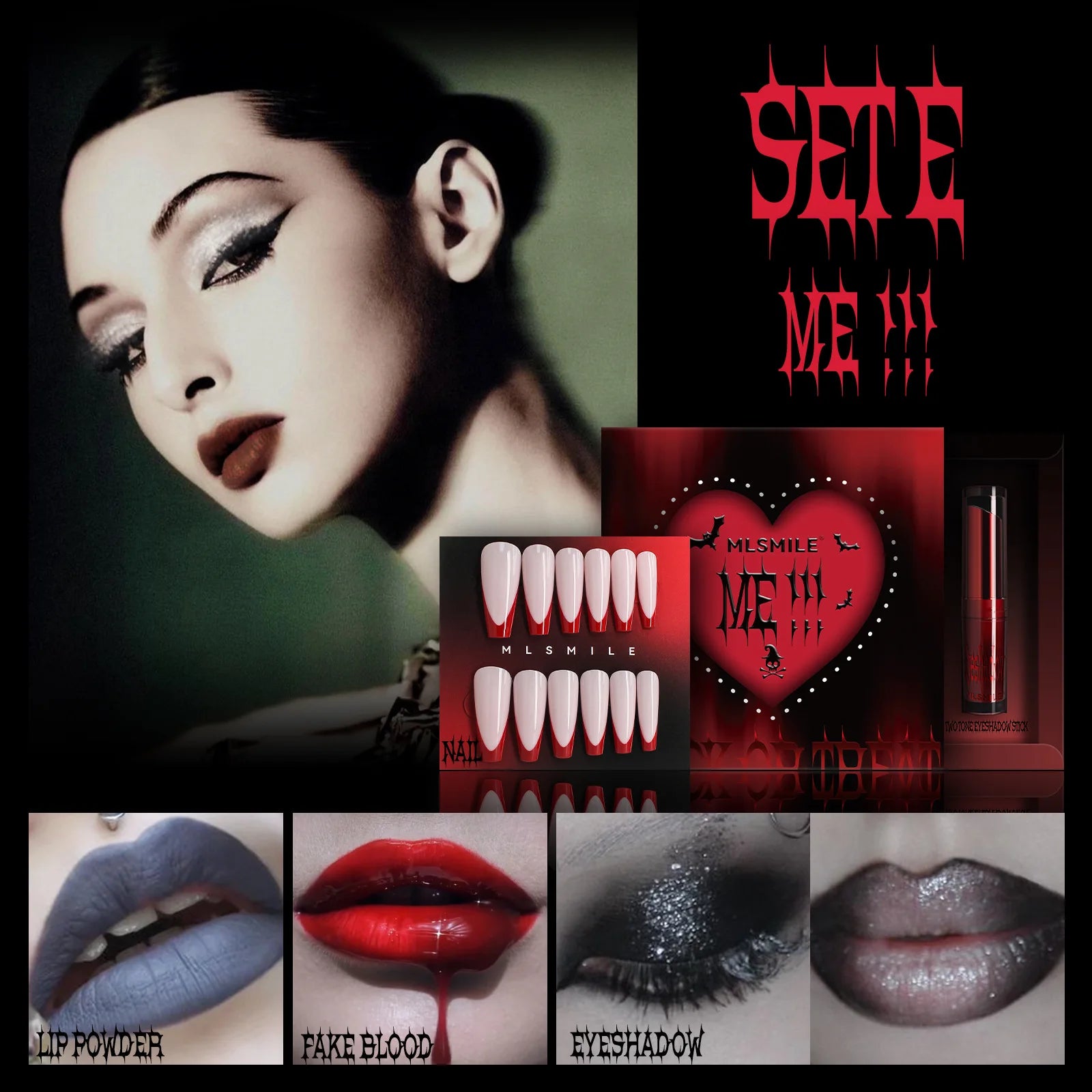 MLSMILE Halloween Makeup Set Eyeshadow Glitter Lip Glaze Fake Blood Wearing Armor 4pcs/set Festive Set Trick or Treat Cosmetics